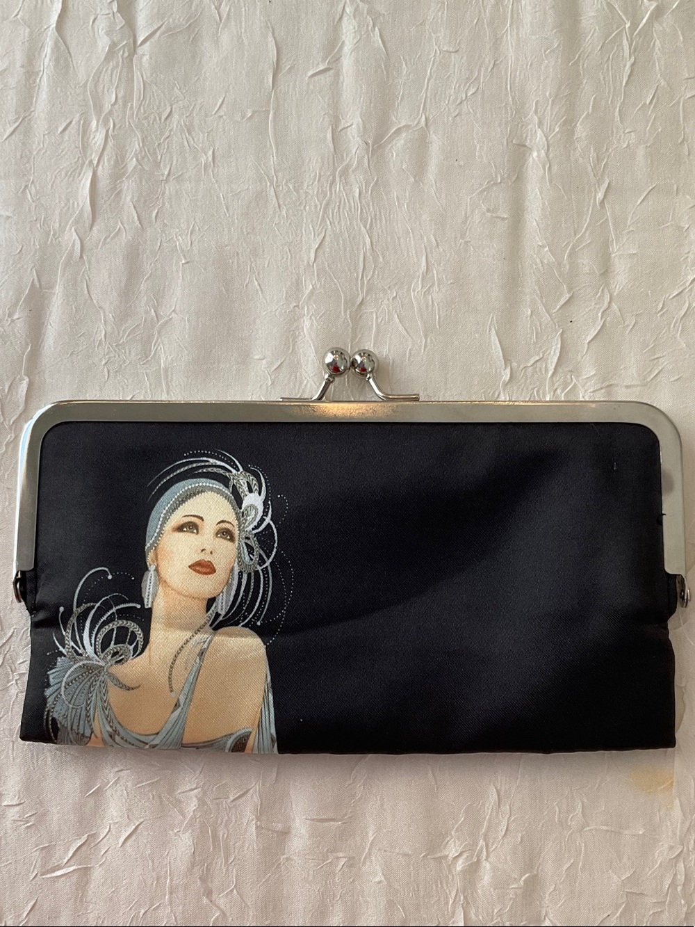 Vintage-Inspired Black Clutch with Art Deco Portrait